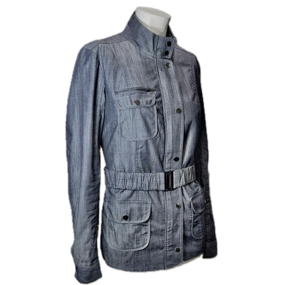 🧥🏢 CALVIN KLEIN Slate Blue Denim Stretch Utility Blazer Jacket | Women’s 8